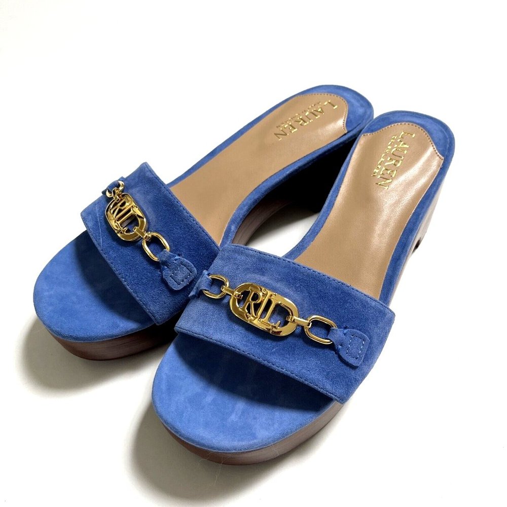 Ralph Lauren Roxanne Blue Suede Platform Heel Sandals Size 8 LRL Logo